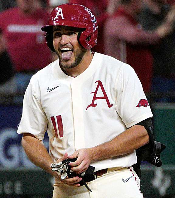 Arkansas outfield Jared Wegner gets excited during the College Baseball Showdown.